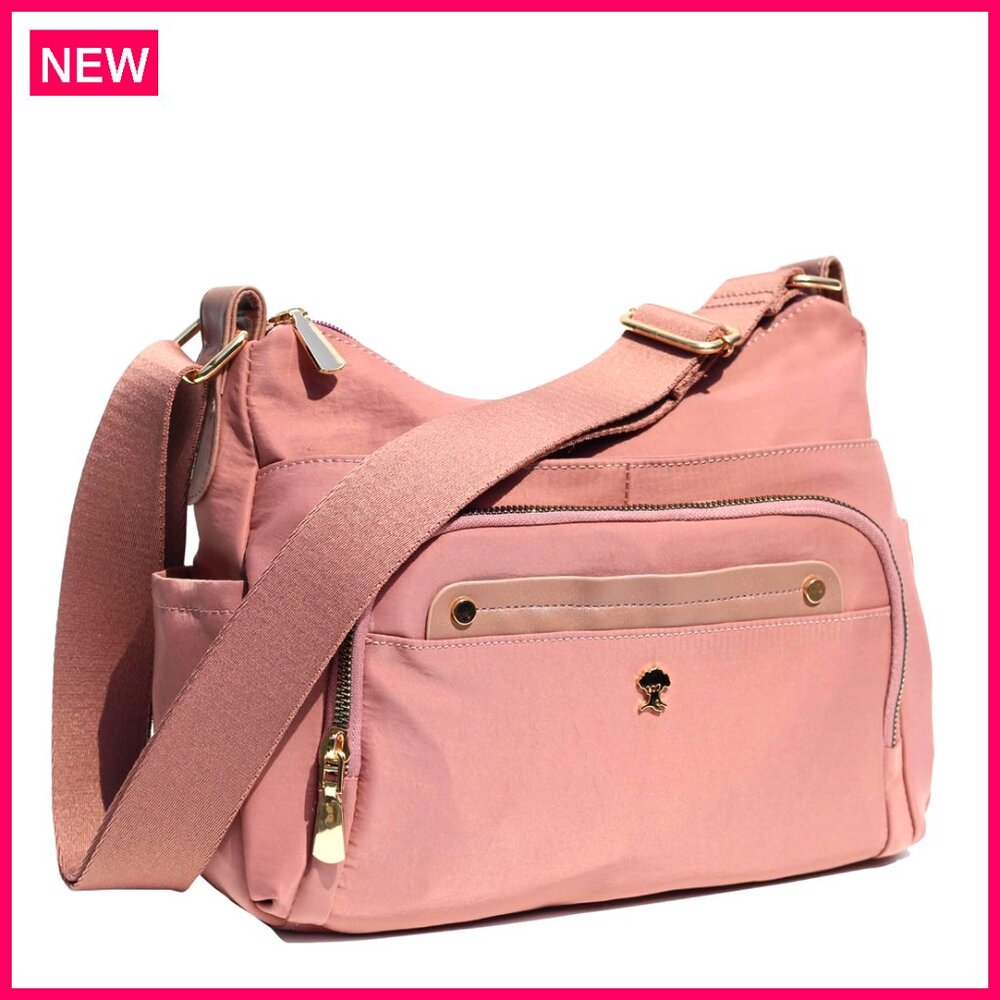 Nylon & Leather Crossbody Bag With 10 Pockets, Adjustable Strap, 12.6x9.2x4.7